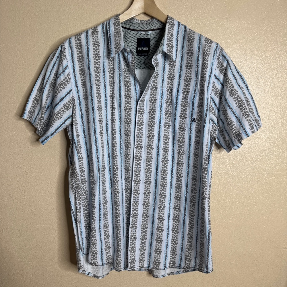 Prana Shirt Men's XL Button Down Striped Short Sleeve Geometric Pattern Cotton